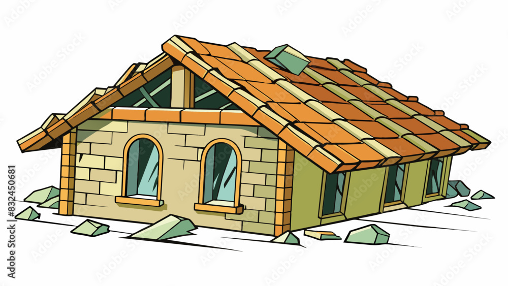 Poster The old building had a partly collapsed roof allowing small rays of sunlight to filter in through the cracks. The worn bricks and crumbling facade. Cartoon Vector.
