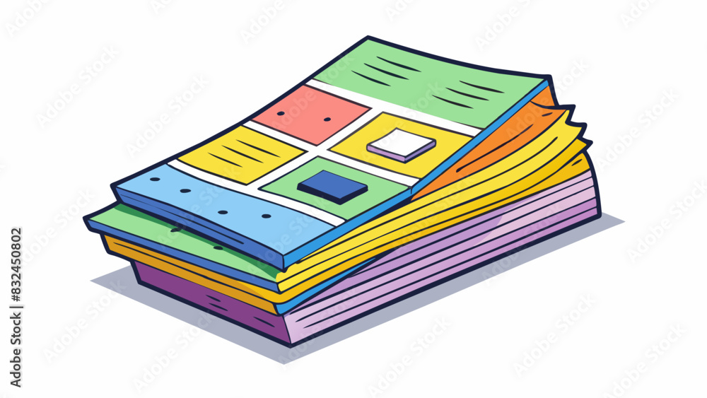 Fototapete The output is a stack of colorful rectangular sheets of paper with images and text printed on them. Each sheet has a perforated edge and is slightly. Cartoon Vector.