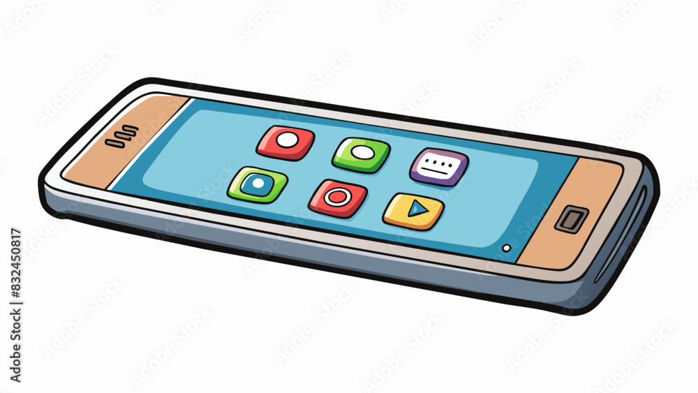Poster The output is a thin rectangular device with a touch screen display. It is primarily black in color with a sleek shiny finish. The screen shows. Cartoon Vector.