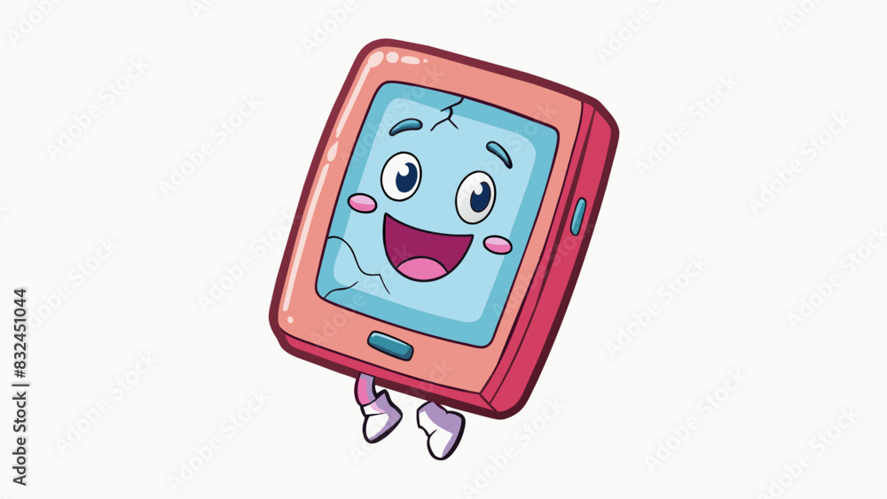 Poster The screen was a small portable device with a touchsensitive surface. It was encased in a bright pink rubber cover and had a cracked screen protector. Cartoon Vector.