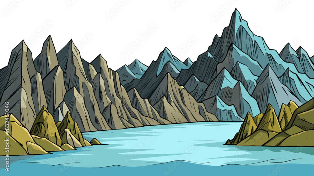 Aufkleber the rugged rocky mountainside loomed over the peaceful serene lake at its base. the harsh jagged edg