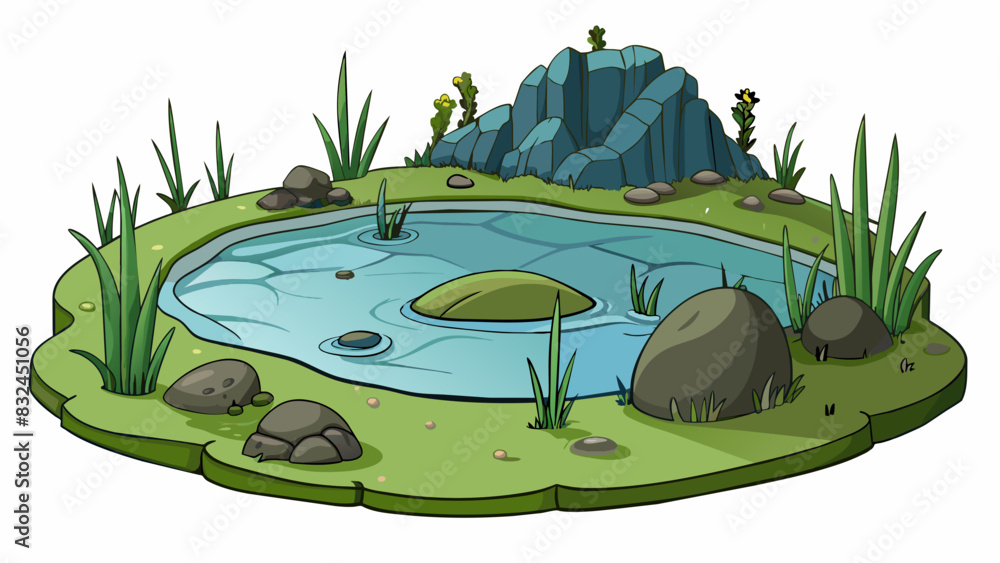 Poster The second challenge was a large murky pond filled with tangled weeds and sharp rocks. Its dark depths made it impossible to see what was lurking. Cartoon Vector.