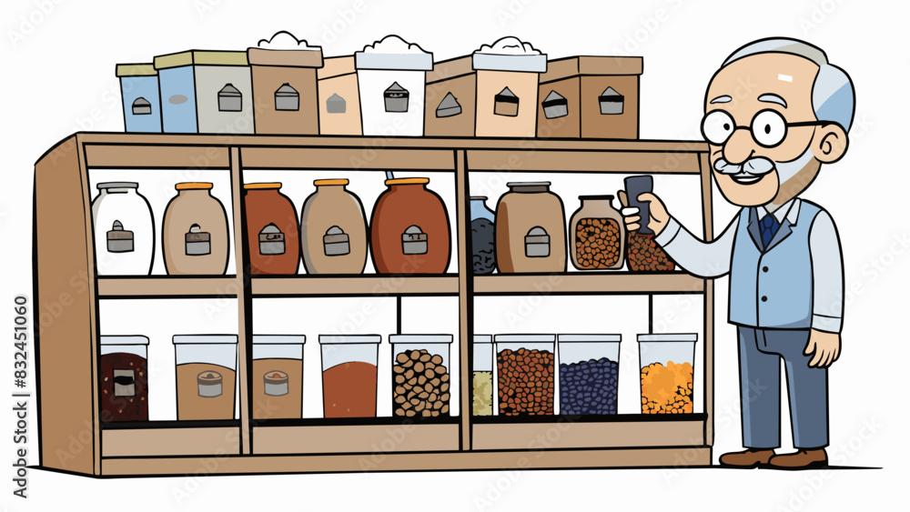 Poster the second consumer is a middleaged man standing in front of a shelf of coffee beans at a grocery st