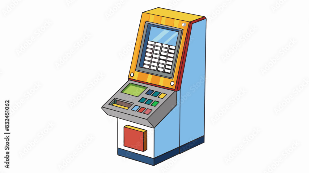 Fototapete The second register is a tall rectangular machine with a colorful display screen a keyboard and a scanner for scanning barcodes. It has a sy metal. Cartoon Vector.