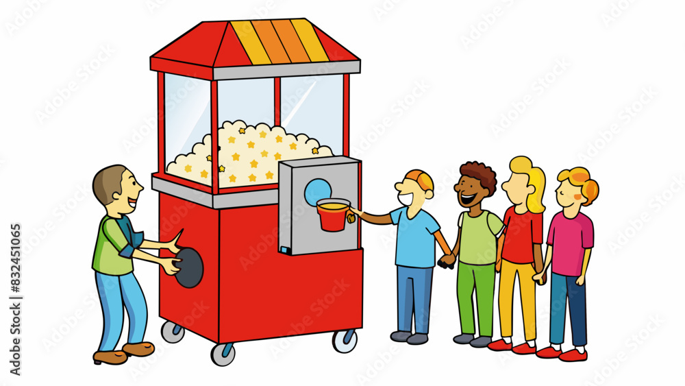 Poster the scent of freshly popped popcorn fills the air drawing a crowd over to a vendors stand. the machi
