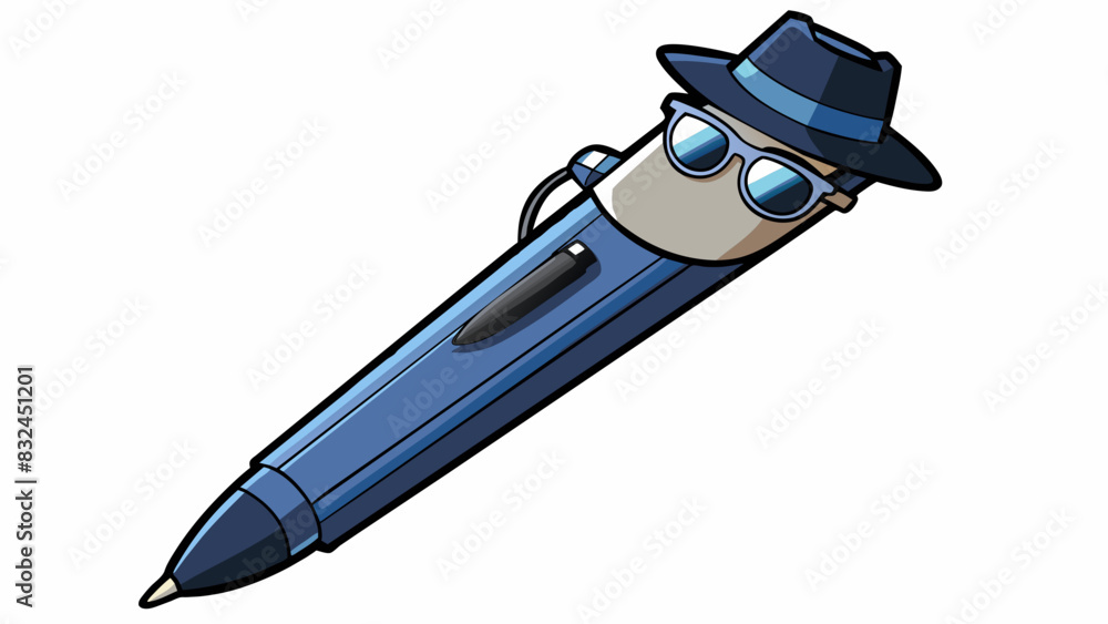 Poster The spy agent is a sleek stealthy device resembling a pen complete with a clip and a retractable tip. It contains a hidden camera and microphone. Cartoon Vector.