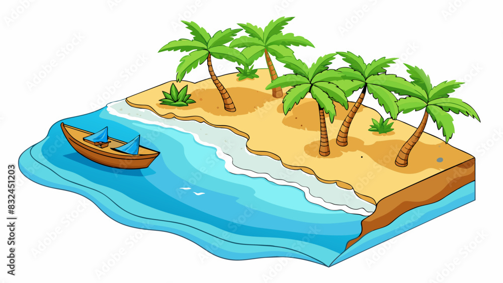 Poster The sound of waves crashing against the shore lulls you into a state of tranquility as you lay on a pristine sandy beach surrounded by lush palm trees. Cartoon Vector.