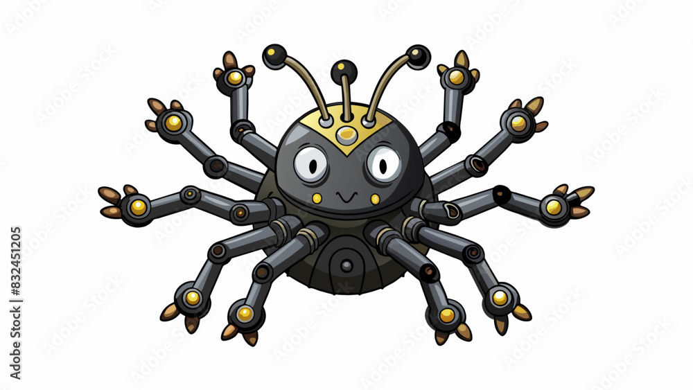 Poster The strange contion had multiple arms with intricate mechanisms attached. Its body was made of a shiny black material and it emitted a faint smell of. Cartoon Vector.