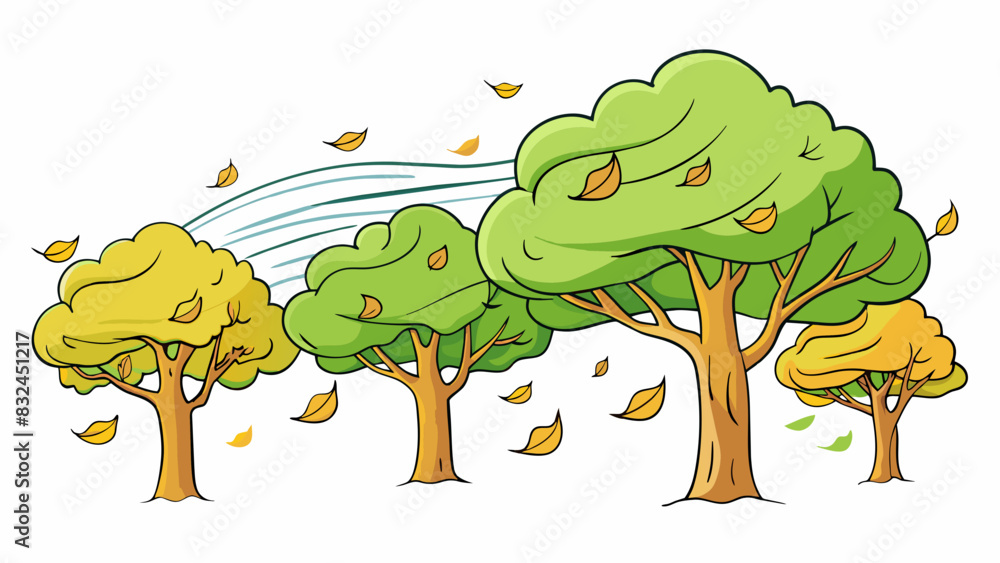 Poster The strong gusts swept through the trees rustling their leaves and bending their branches.. Cartoon Vector.