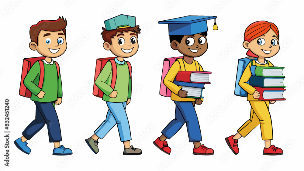 Poster The students stood in a line and proceeded to file into the library each carrying a stack of books.. Cartoon Vector.