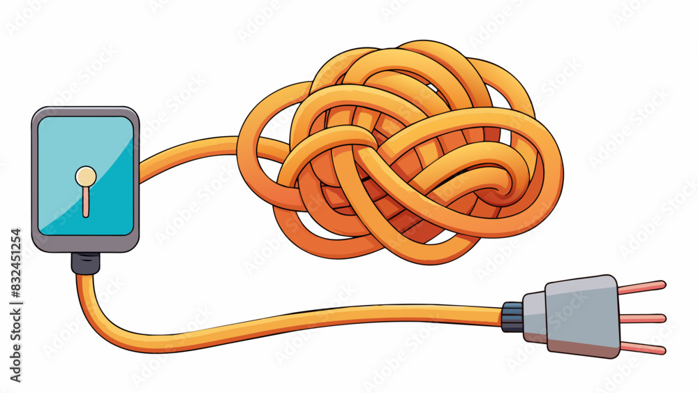 Poster The tangled cord of a charger was twisted and knotted causing irritation and delay for the user trying to plug in their device.. Cartoon Vector.
