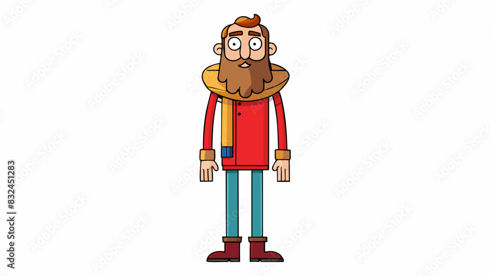 Poster the tall lanky man with a bushy beard and a bright red scarf. this clause paints a picture of the ma
