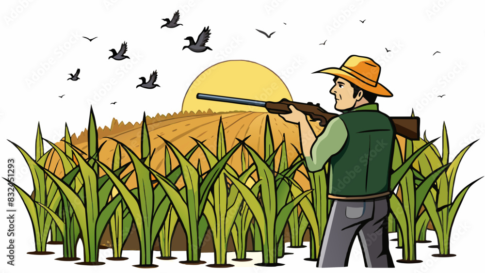Aufkleber the sun sets behind a field of tall cornstalks as a farmer uses his shotgun to shoot down a group of