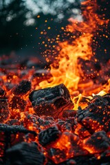 Close up view of intense fire and smoke against black background for dramatic effect