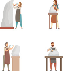 Set of illustrations showing artists sculpting stone figures