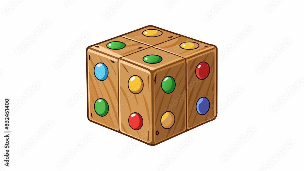 Poster The token is a small wooden cube with different colored dots on each side. It measures about 1 inch and is used as a game piece in a popular strategy. Cartoon Vector.