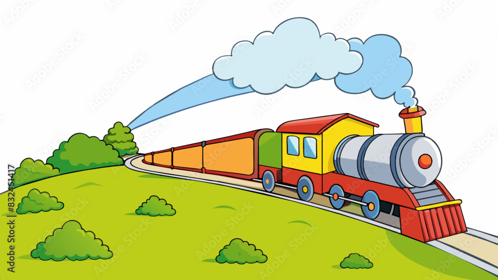 Poster the trains horn let out a long loud blow as it chugged through the countryside.. cartoon vector.