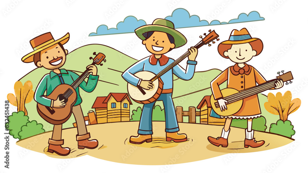 Poster The traditional music of the plains region is characterized by the use of various string instruments such as the banjo and the fiddle. The melodies. Cartoon Vector.