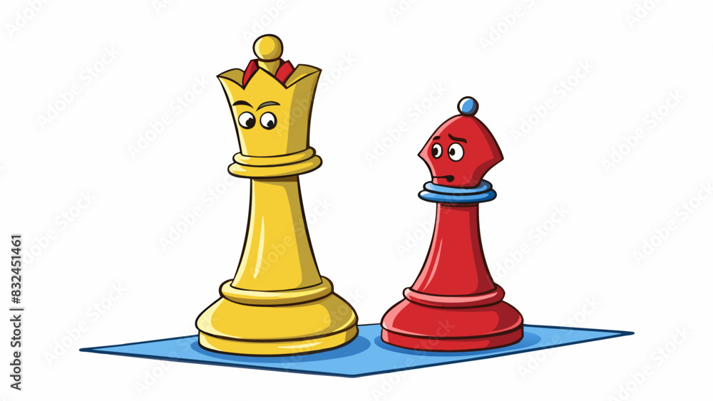 Poster the two chess pieces stood in stark opposition to each other on the board waiting for their next str