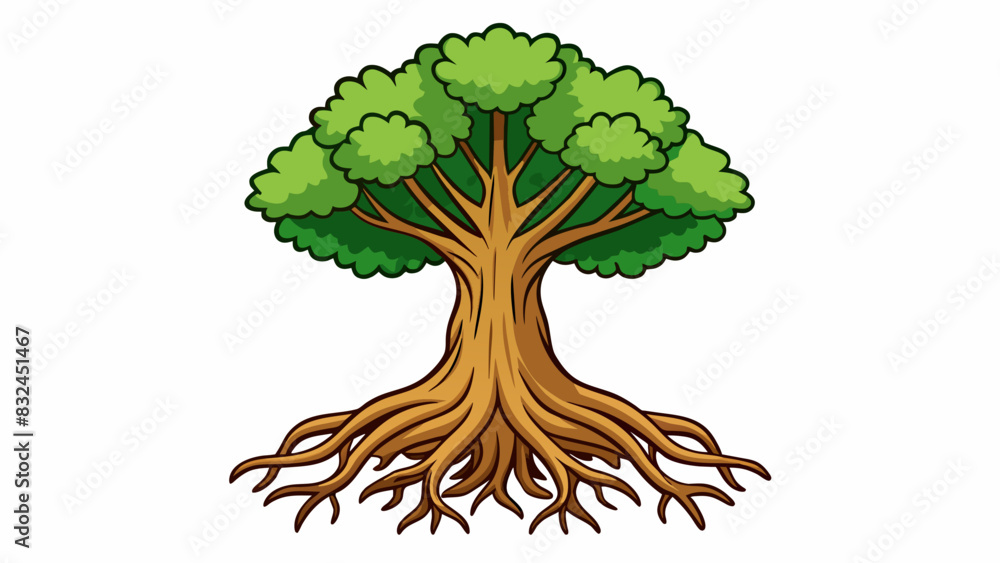 Poster The trunk of a strong oak tree with deep roots grounded firmly in the earth representing Gods unshakeable and everlasting strength and stability.. Cartoon Vector.