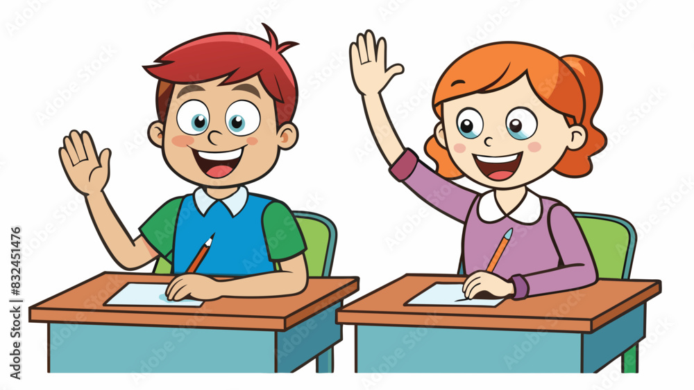 Poster The two students in the class were equally studious taking diligent notes and raising their hands to participate in discussions.. Cartoon Vector.