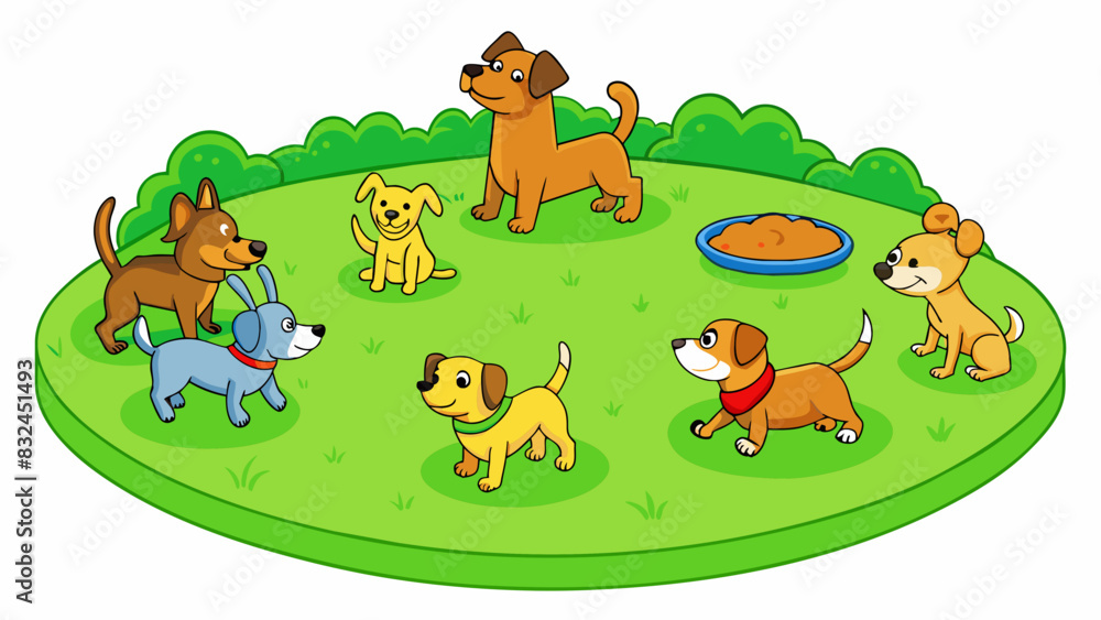 Poster The wellmanicured grass in the park is a vibrant shade of green perfect for a game of frisbee or a lazy afternoon picnic. A group of friendly. Cartoon Vector.