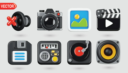 Set of Realistic audio and video 3D Icons Silent, Camera, Gallery, Photo, Video Player, Save, Radio, Music, Sound. Universal icons 3d vector illustration