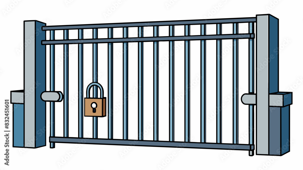 Poster this gate is simply a tall metal barrier with a plain and industrial appearance. it has horizontal m