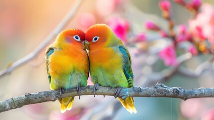 Two lovebirds are sitting on a branch. The background is a blurred image of cherry blossoms.