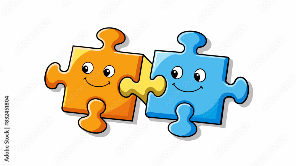 Poster Two puzzle pieces fitting perfectly together each with its own unique shape and design. Together they create a beautiful and complete picture. Cartoon Vector.