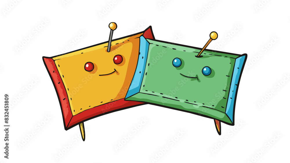Aufkleber Two rectangular pieces of fabric are carefully pinned together creating a temporary bond as they are prepared for sewing. The pins are thin and sharp. Cartoon Vector.