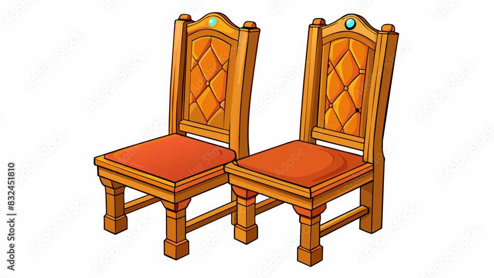 Poster Two wooden dining chairs at a table both with high backs carved patterns and a cushioned seat.. Cartoon Vector.