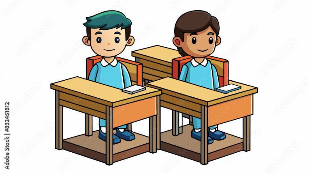 Poster Two students are sitting at the same height at their desks in the classroom. Both of their chairs were adjusted to be at the same level indicating. Cartoon Vector.