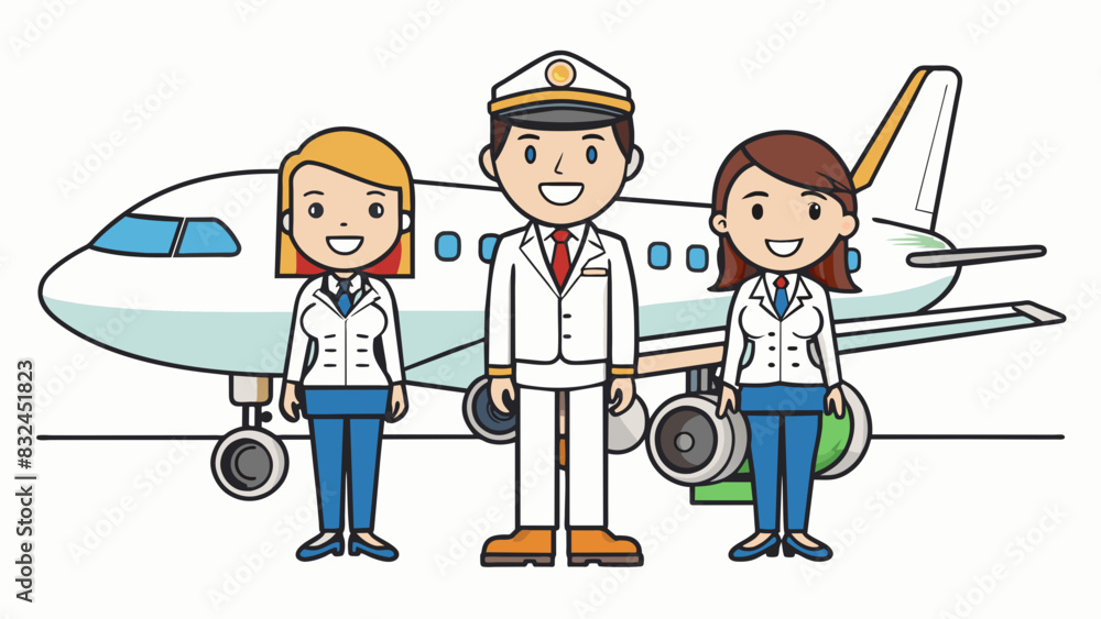 Poster two pilots and a flight attendant stand in front of a commercial airplane conducting a preflight che