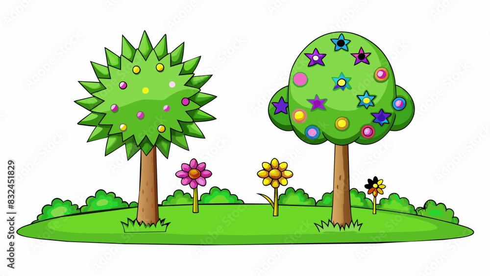 Poster Two trees in a yard one is tall and skinny with sp spiky leaves while the other is short and rounded with lush full branches and colorful flowers.. Cartoon Vector.