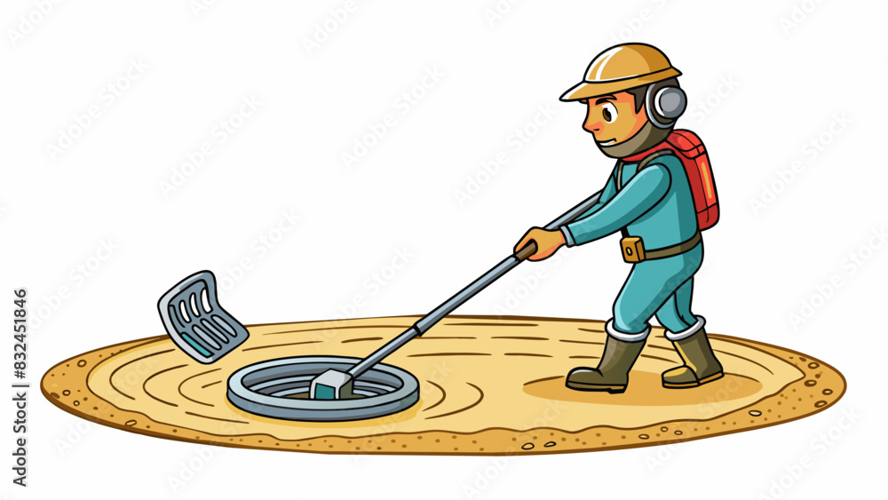 Poster Using a metal detector on a beach to search for buried treasure. Characteristics handheld device circular coil beeping sound ability to detect metal. Cartoon Vector.