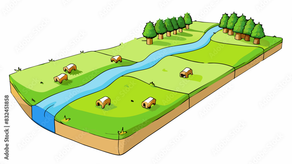 Poster vast open field dotted with grazing cows bales of golden hay and babbling streams that wind through the landscape.. Cartoon Vector.