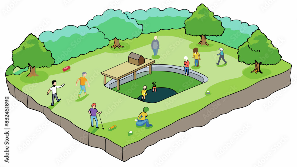 Poster Unmarked Obstacles A park has a large grassy area where people often walk and have picnics. However there is a deep hole hidden in the grass that is. Cartoon Vector.