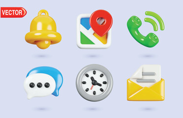 Set of Realistic General UI 3D Icons. Notification, Map, Calling, Message, Clock and Email. Universal icons 3d vector illustration