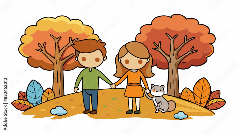 Poster while the couple walked hand in hand through the peaceful forest admiring the colorful autumn leaves