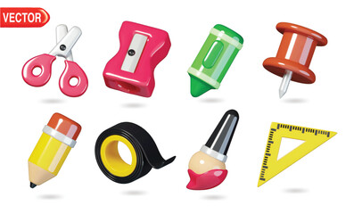 Set of realistic 3d School and Education icons Scissor, Sharpener, Crayon, Push Pin, Pencil, Duct Tape, Paint Brush and Triangle Ruler. Back to school concept. 3d Education Vector illustration