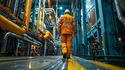 A worker in an orange high-visibility suit walks through a modern industrial plant, surrounded by machinery and pipes.