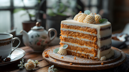 Elegant Carrot Cake and Coffee Set in a Cozy Atmosphere