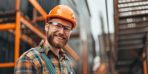 A male construction worker in a hard hat and safety glasses at a construction site. Construction of a multi-storey building. 