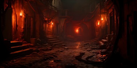 Mysterious Atmosphere of an Eerie Redlit Alley in an Ancient Town. Concept Mysterious, Eerie, Redlit Alley, Ancient Town, Atmosphere