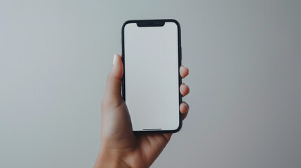 Hand Presenting a Smartphone with a Blank Screen on Neutral Background