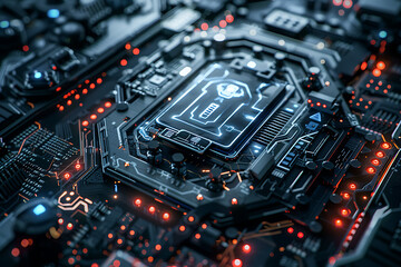 A lock on a computer board in a futuristic style symbolizes a cutting-edge cyber security concept.