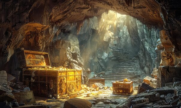 Subterranean cave with ancient ruins and treasure chests, muted tones, fantasy, highdetail illustration, adventurous and mysterious,