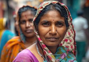 A group of Indian women in their late thirties and early forties stand side by side on the street....
