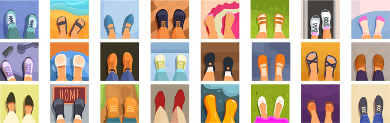 Feet selfie icons set vector. A collection of cartoon feet in various styles and colors. Concept of fun and playfulness, as the feet are depicted in various poses and settings, such as on a beach, in